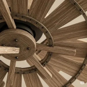  Close-up of authentic weathered wood grain blades on a windmill ceiling fan, showcasing its unique aesthetic.