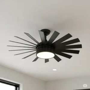 Hand holding a remote control, adjusting settings for a windmill ceiling fan with light, emphasizing ease of use.