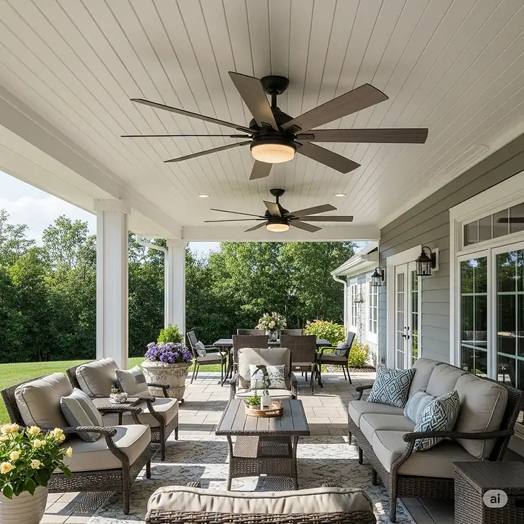 Durable 8 ft ceiling fan designed for outdoor use, enhancing comfort on a large covered patio.