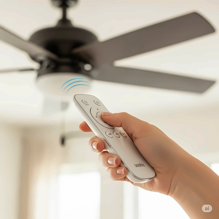 Hand holding a remote control, adjusting settings for an 8 ft ceiling fan, highlighting ease of use.