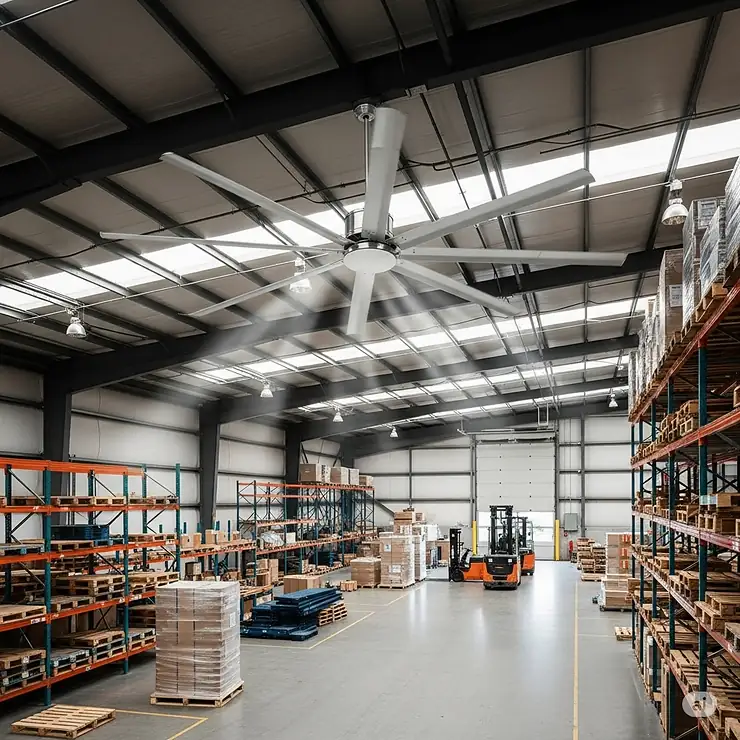 Industrial 8 ft ceiling fan effectively cooling a large warehouse or commercial space with high ceilings.