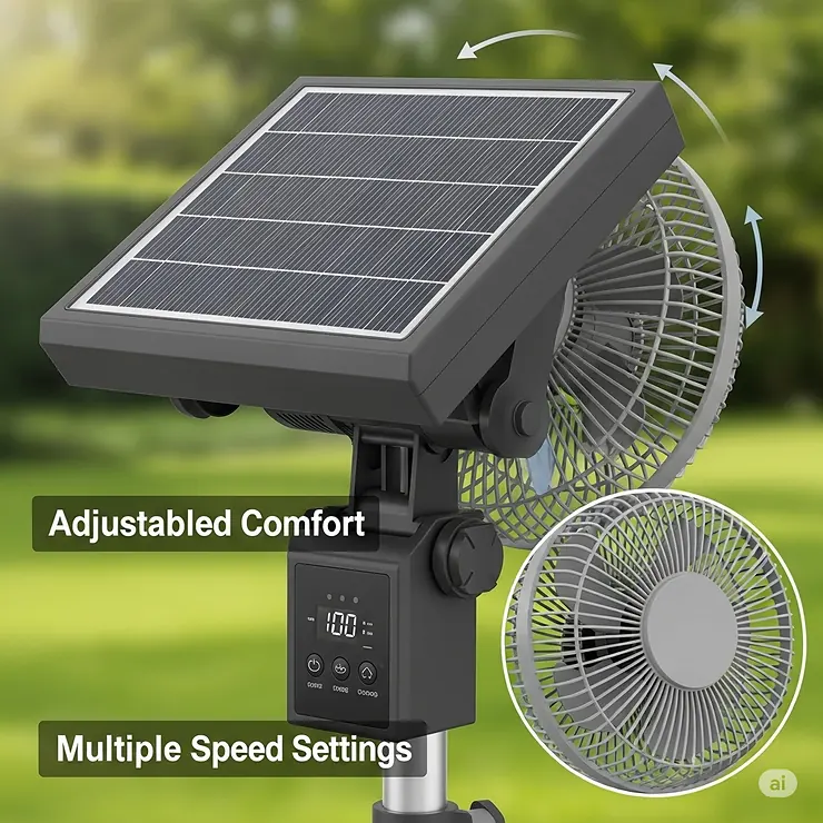 Detail shot of a versatile solar-powered outdoor fan showcasing its adjustable head and multiple speed settings for customized comfort.
