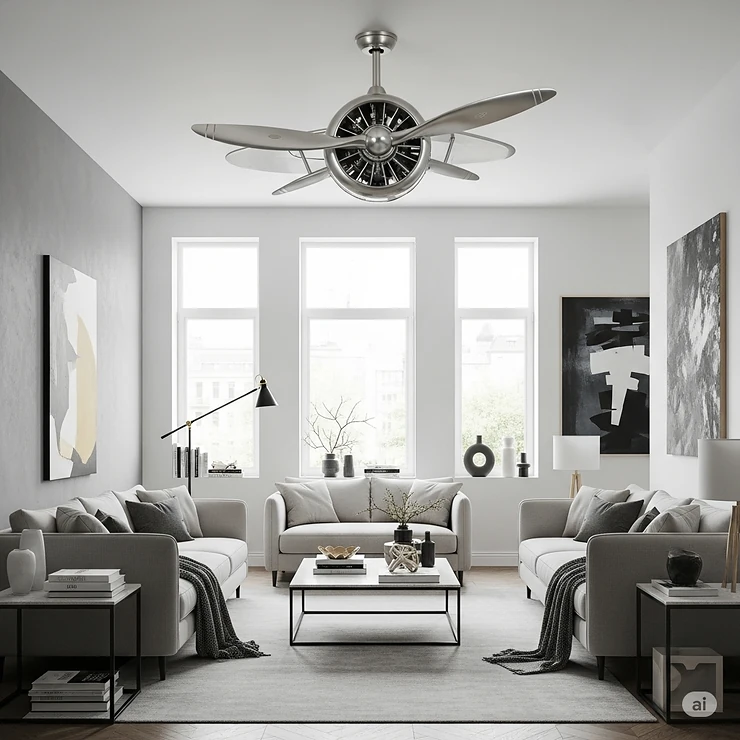 Modern living room with a unique airplane propeller ceiling fan in brushed nickel, providing powerful airflow and a distinctive aviation-themed aesthetic.