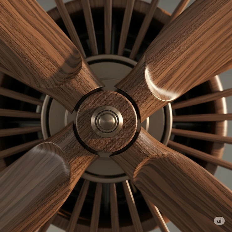 Detailed close-up of dark wood blades on an airplane propeller ceiling fan, showcasing the intricate design and quality craftsmanship.
