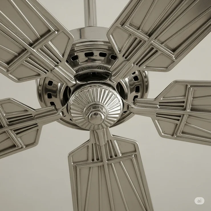 Close-up of an art deco ceiling fan's distinctive geometric blades, showcasing classic deco design elements.