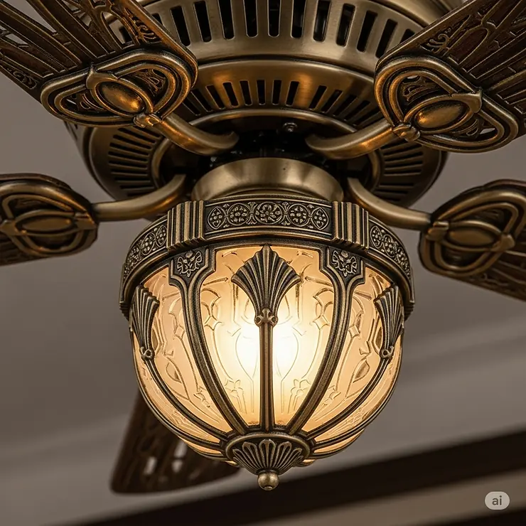 Detailed view of an art deco ceiling fan's integrated light fixture, featuring ornate metalwork and a spherical glass shade.