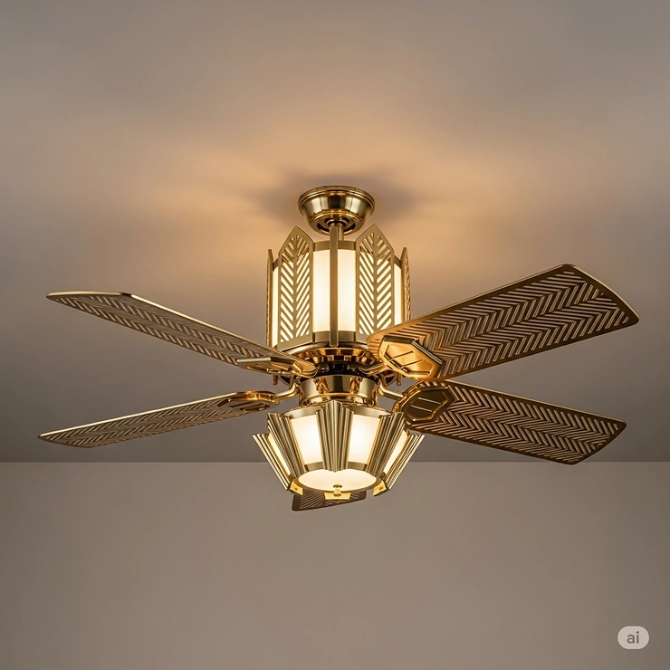 A unique mid-century style ceiling fan blending elements of Art Deco design, showcasing geometric shapes and a polished metal finish.