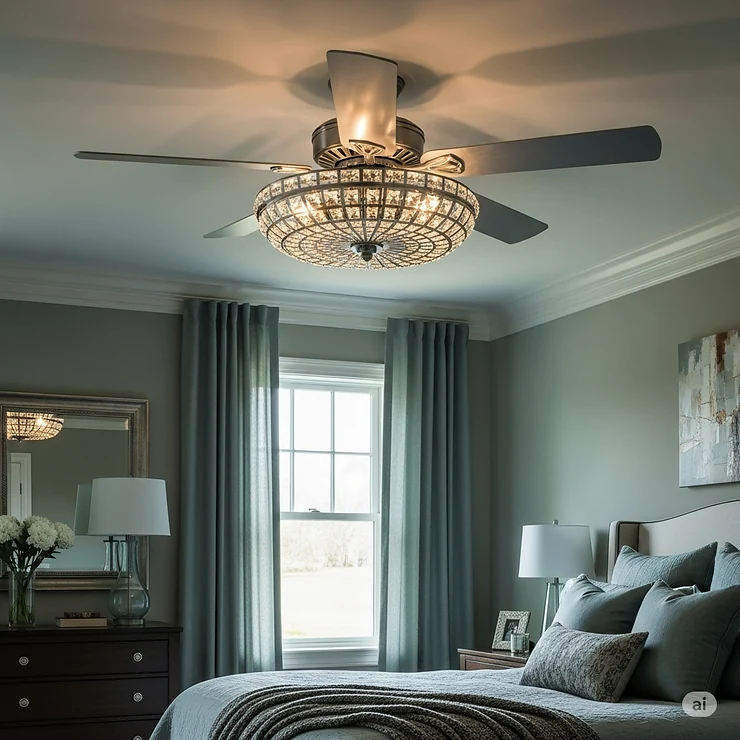 Elegant fandelier ceiling fan installed in a cozy bedroom, providing both cooling comfort and a sophisticated lighting fixture for relaxed evenings.