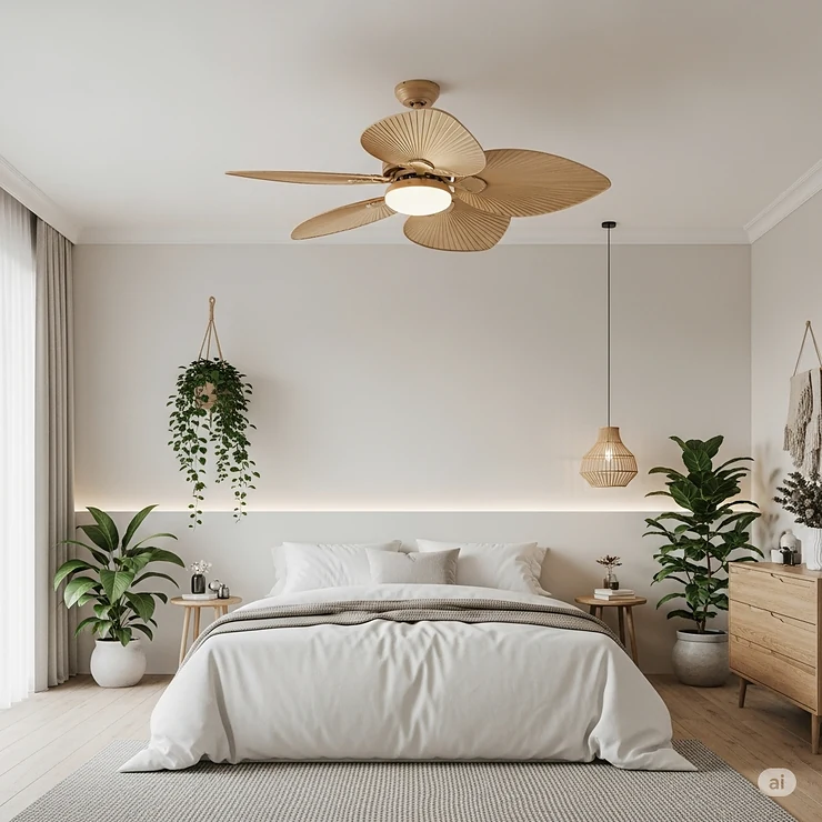 A quiet palm leaf ceiling fan installed above a bed in a serene bedroom, enhancing the comfort and tropical decor.