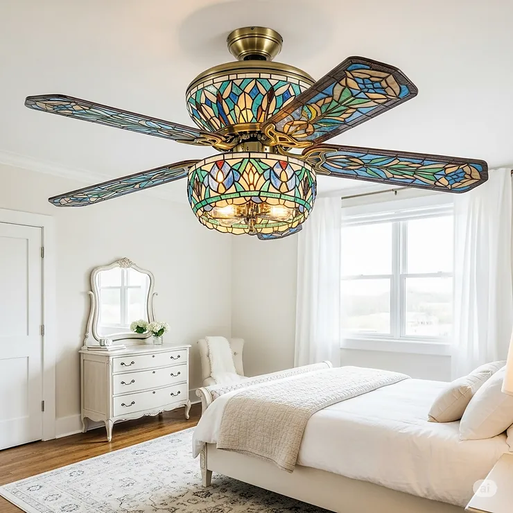 A cozy bedroom enhanced by a stylish Tiffany style ceiling fan, offering a soft glow and a gentle breeze, perfect for a relaxing atmosphere.