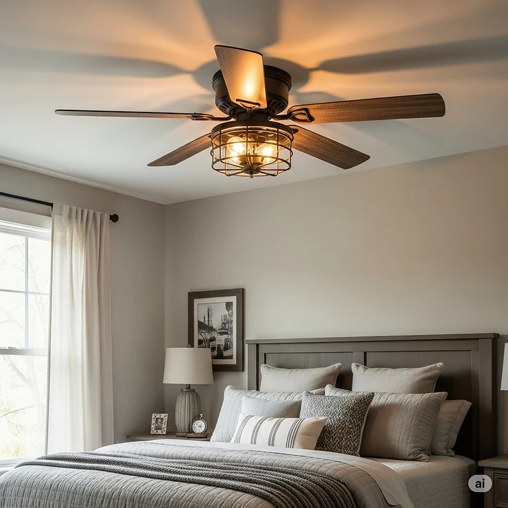 Cozy bedroom with a rustic wood ceiling fan and light, providing both airflow and ambient illumination above a comfortable bed.