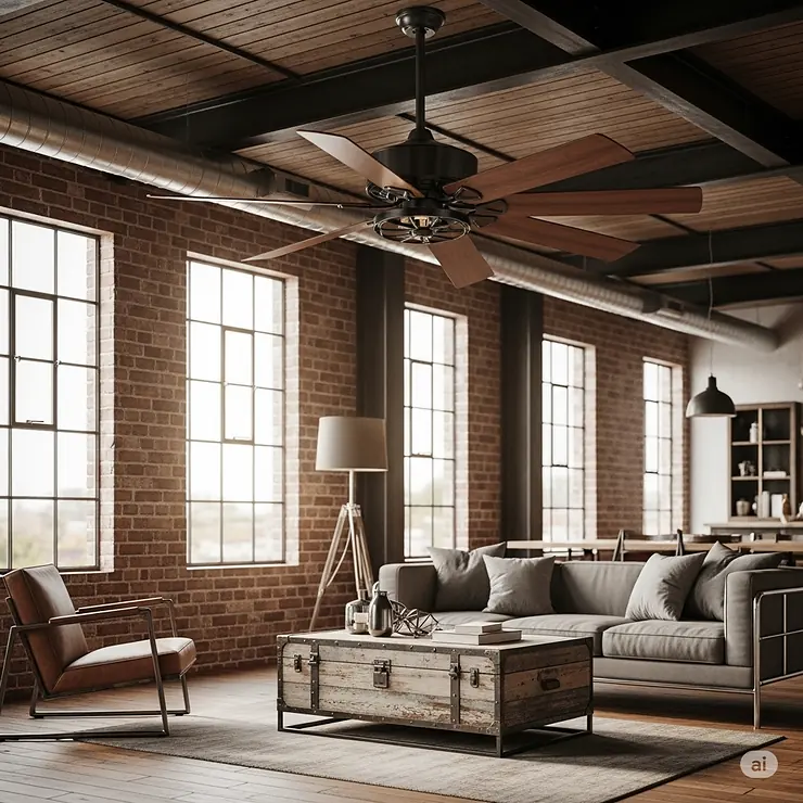 Elegant belt-driven ceiling fan with wooden blades in a modern industrial living room, providing efficient air circulation.