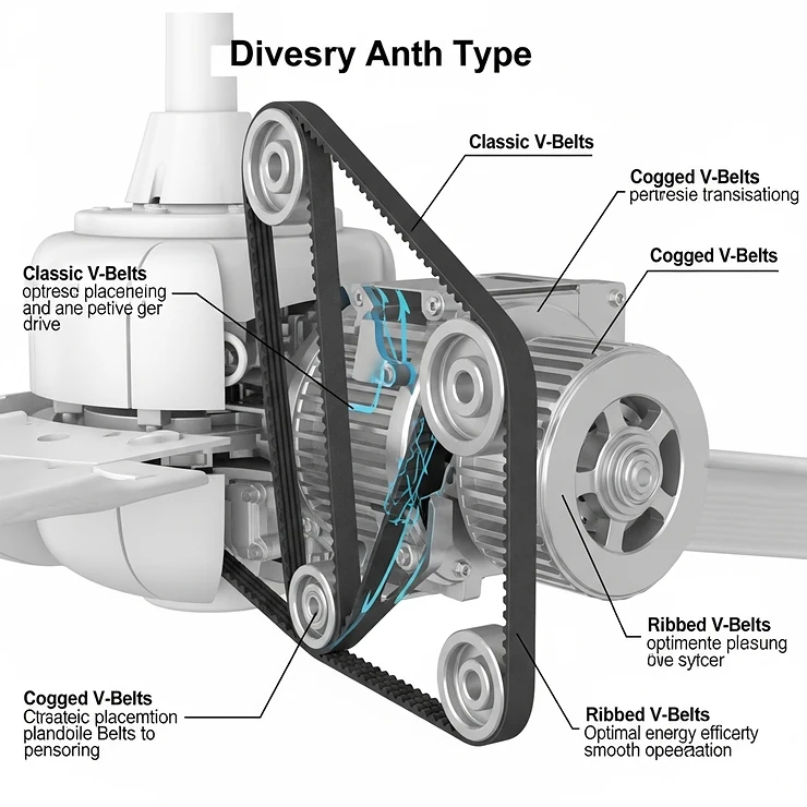 Visual representation of various belt types, such as V-belts, used in the construction of a reliable belt-driven ceiling fan system.