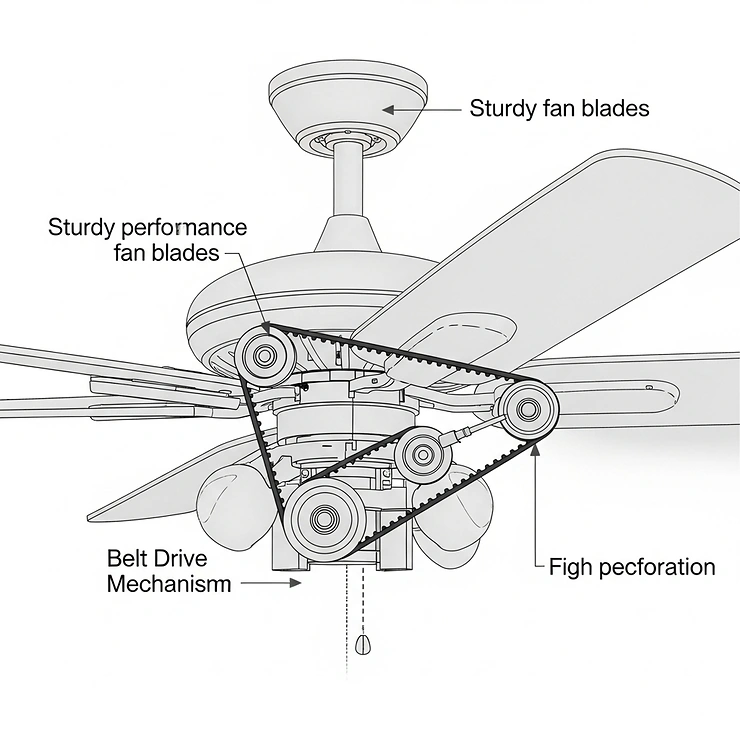 Diagram illustrating the sturdy fan blades connected to the efficient belt drive mechanism of a high-performance belt-driven ceiling fan.