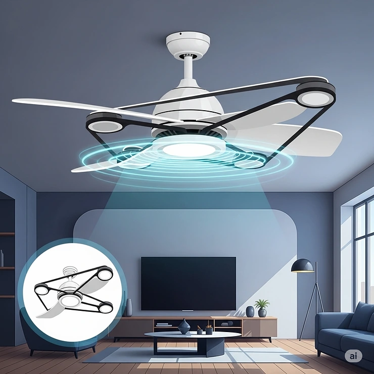 Stylized illustration showcasing the sleek, contemporary design of a belt-driven ceiling fan, ideal for modern interiors.