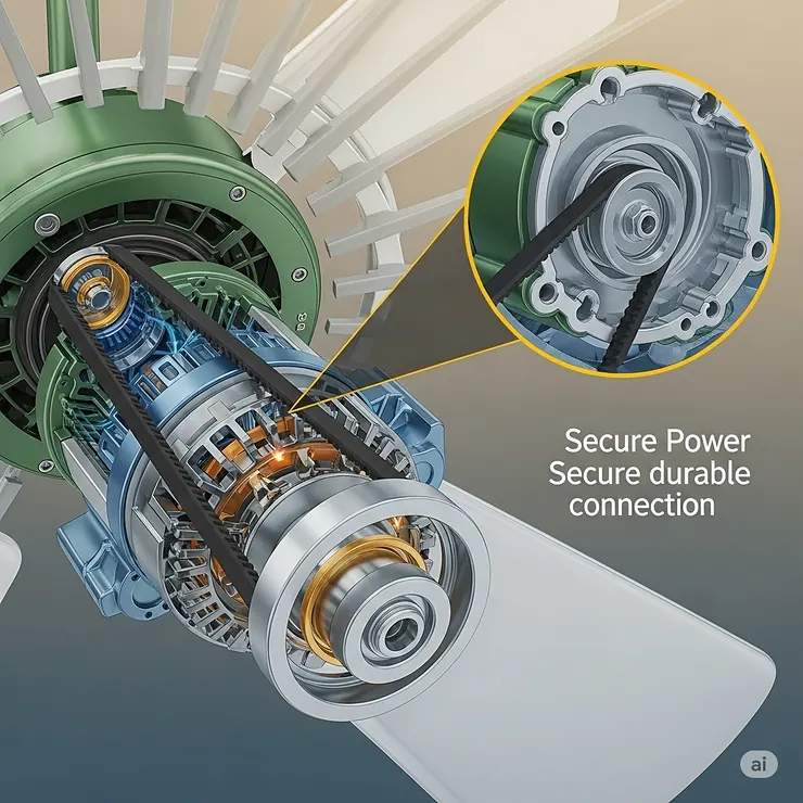 Illustration highlighting the robust motor and secure belt connection, essential components of a powerful belt-driven ceiling fan.