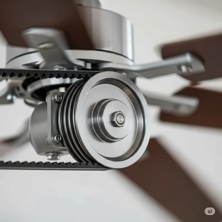 Detailed close-up of a durable belt and pulley system, showcasing the smooth operation of a belt-driven ceiling fan.