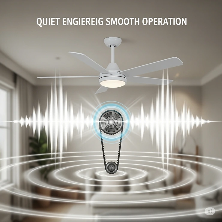 Graphic depicting sound waves, emphasizing the quiet and smooth operation characteristic of a well-engineered belt-driven ceiling fan.