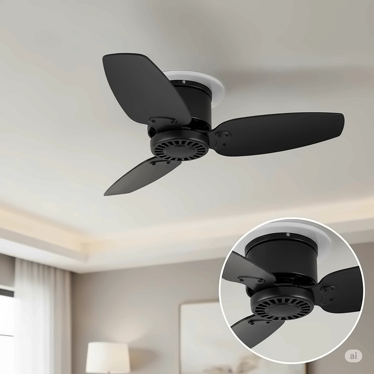 A sleek, matte black mini ceiling fan with a flush mount, providing a low-profile and modern aesthetic for a living room with a low ceiling.