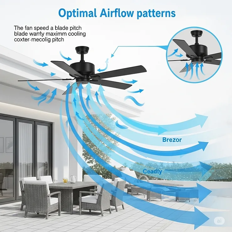 Diagram illustrating optimal airflow patterns generated by a black outdoor ceiling fan, effectively cooling a large patio area.
