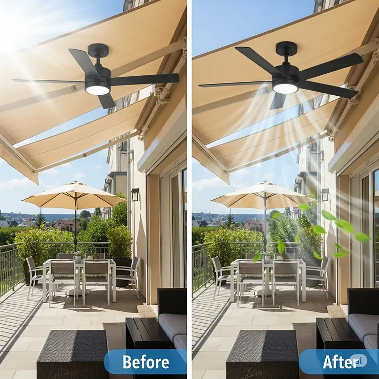Before and after view of an outdoor patio, demonstrating the transformative cooling and aesthetic benefits of installing a black outdoor ceiling fan.