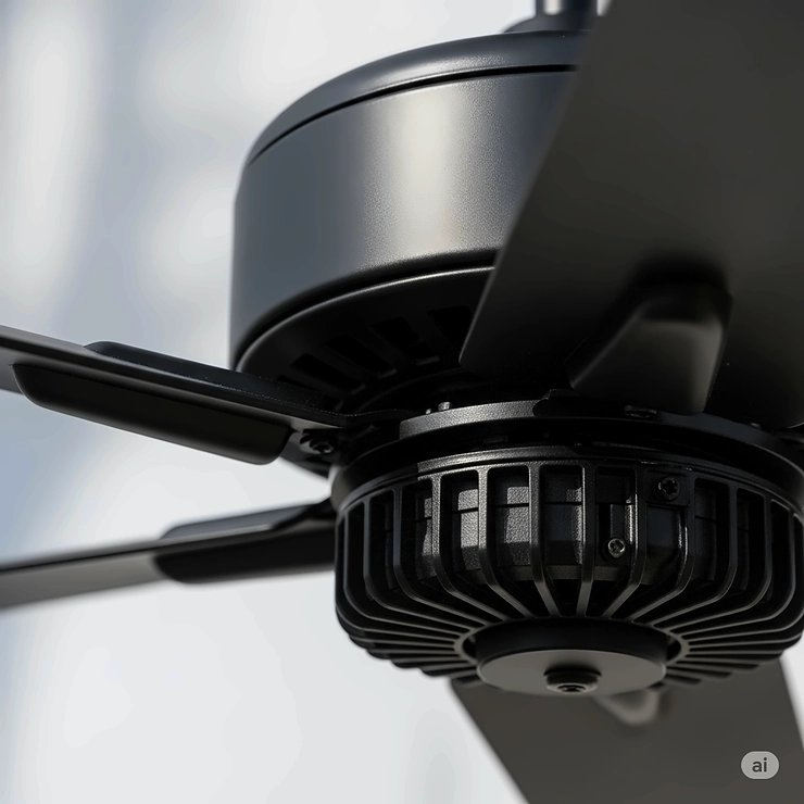 Detailed view of a durable black outdoor ceiling fan's weather-resistant blades and powerful motor, designed for reliable performance in outdoor environments.