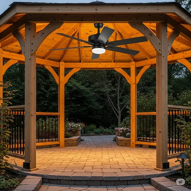 A stylish black outdoor ceiling fan providing excellent air circulation under a large wooden gazebo, ideal for comfortable outdoor gatherings.