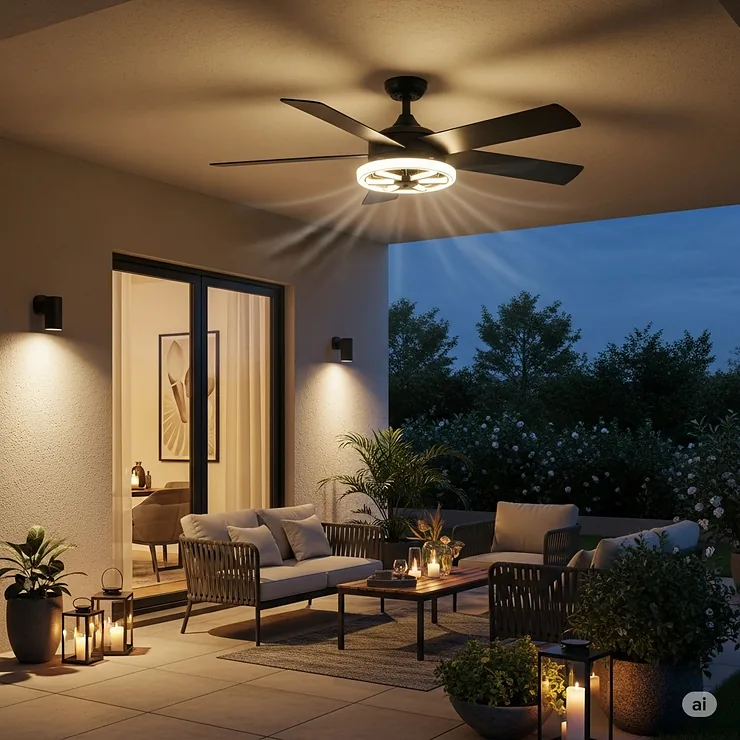 Integrated LED lighting options on a black outdoor ceiling fan, providing ambient illumination for evening outdoor activities.