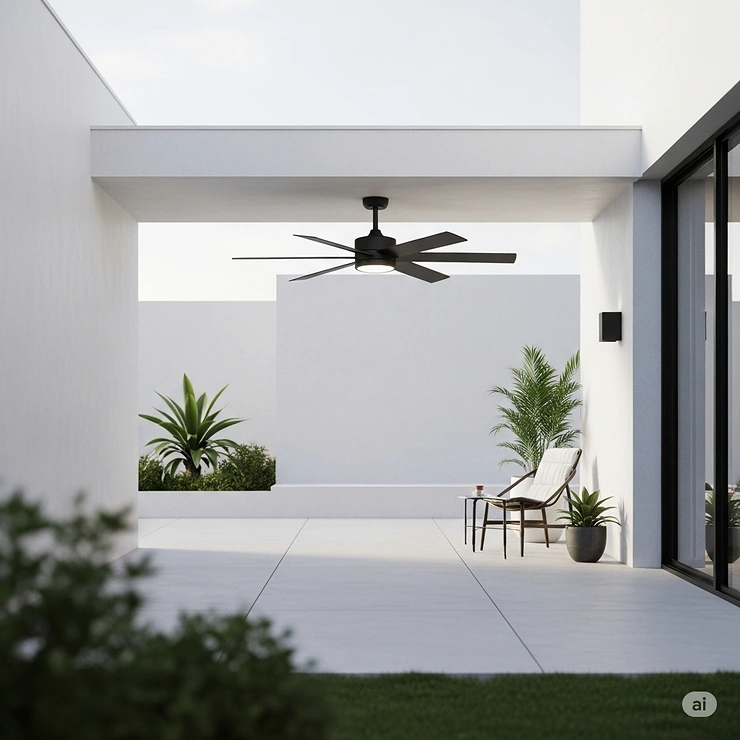 A modern black outdoor ceiling fan enhancing a minimalist outdoor living space, complementing contemporary design with its clean lines.
