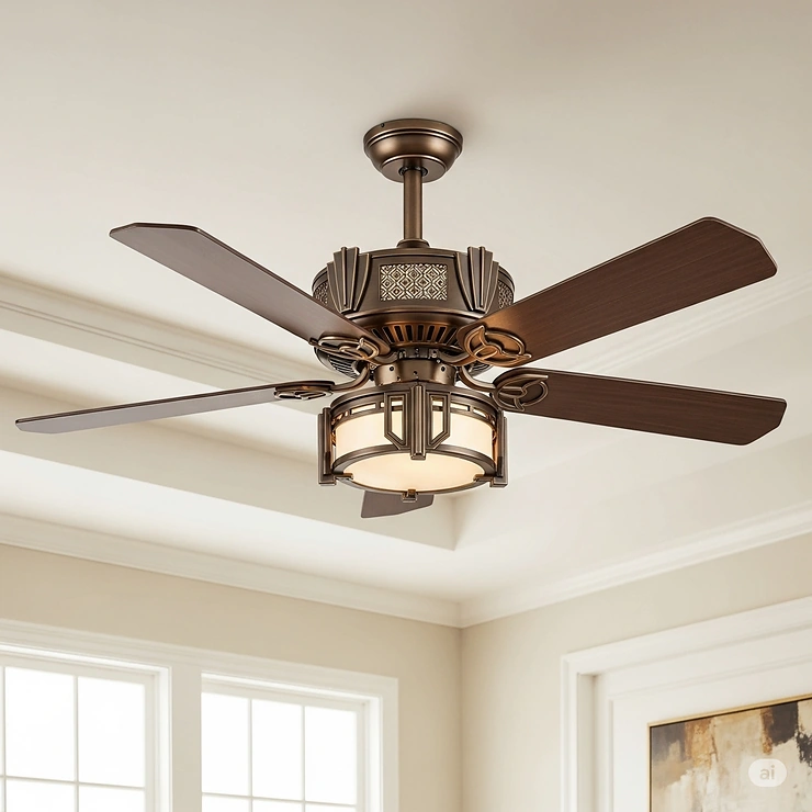 Stunning bronze art deco ceiling fan, illustrating its luxurious finish and timeless design suitable for various interiors.