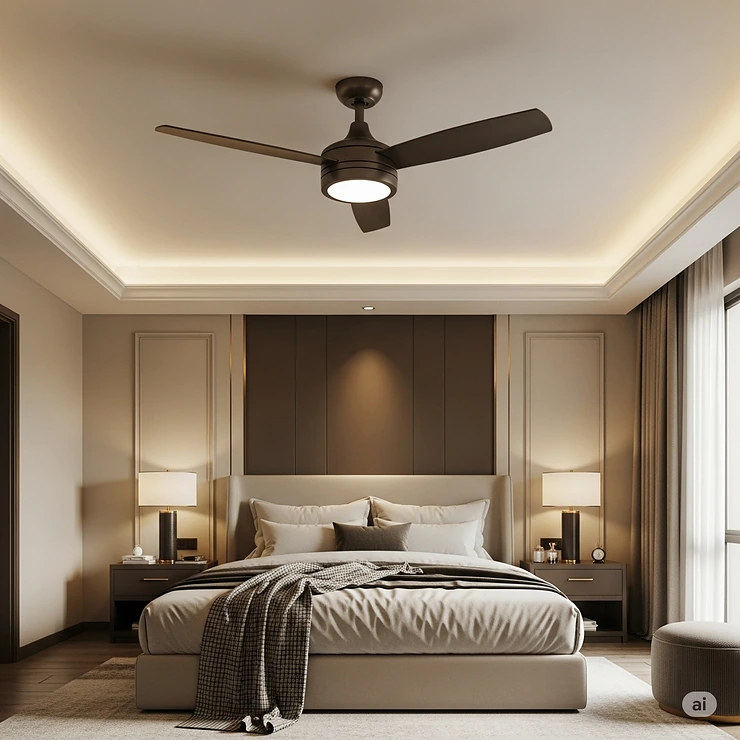 A quiet, low-profile bronze ceiling fan installed in a serene master bedroom, complementing the warm color palette and providing gentle airflow.