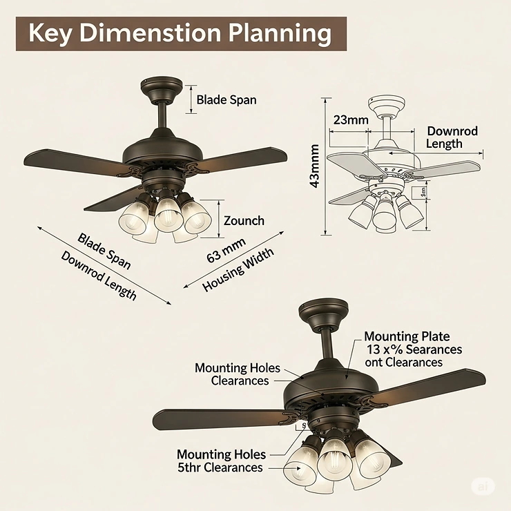 Detailed diagram illustrating the key dimensions of a bronze ceiling fan, including blade span, downrod length, and housing width, helpful for installation planning.