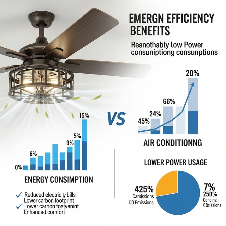 Infographic highlighting the energy efficiency benefits of a modern bronze ceiling fan, including its low power consumption compared to air conditioning.
