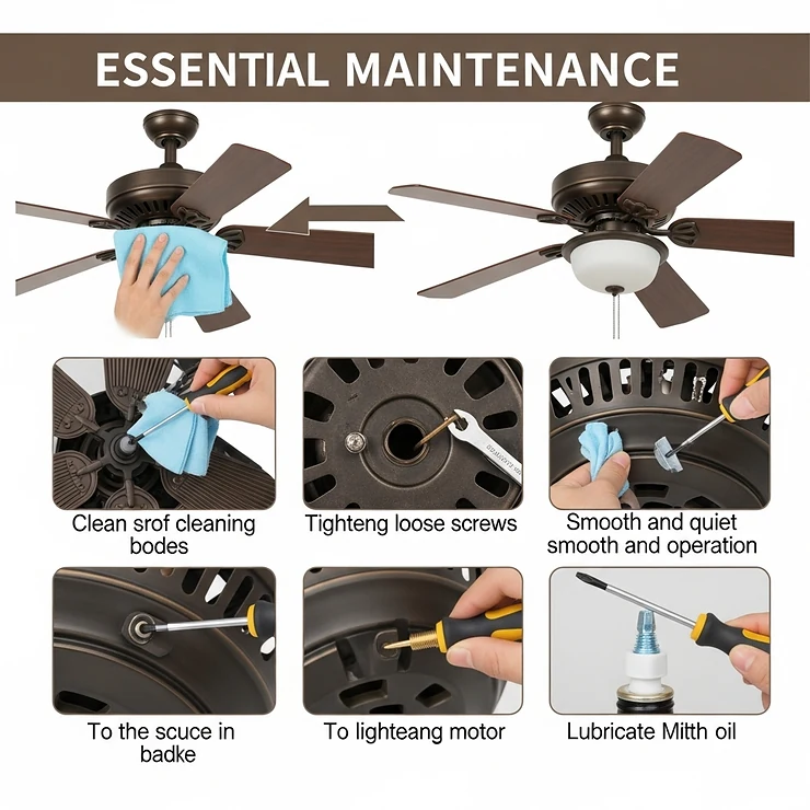 Visual guide providing essential maintenance tips for a bronze ceiling fan, such as cleaning the blades, tightening screws, and lubricating the motor.