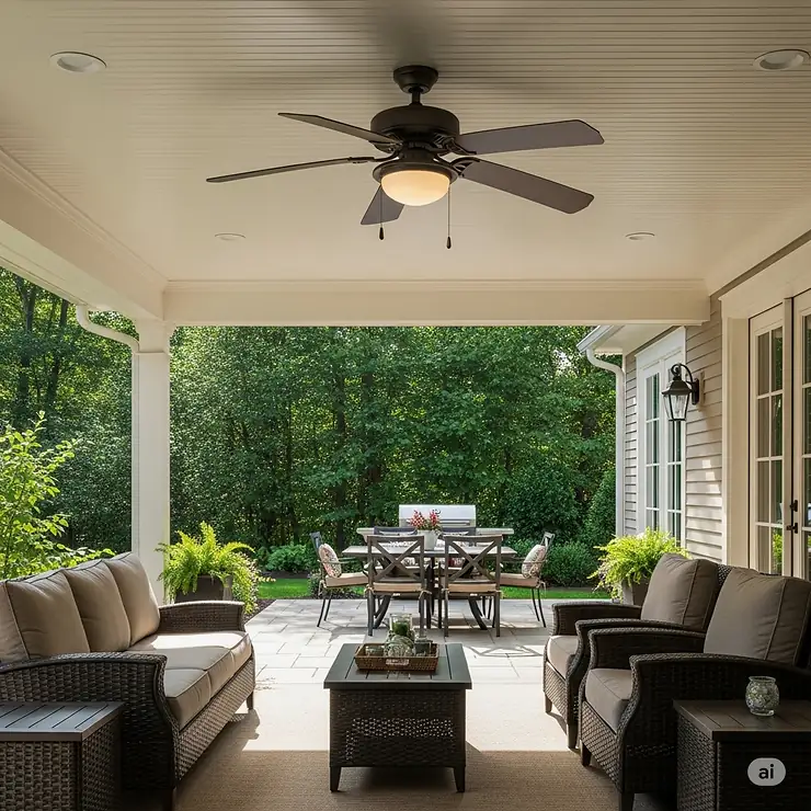 Weather-resistant bronze ceiling fan mounted on a covered outdoor patio, ideal for circulating air and enhancing comfort in an exterior living space.
