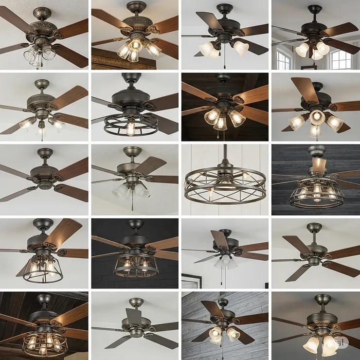 Collage showcasing various styles of bronze ceiling fans, from rustic and traditional to contemporary and industrial designs, highlighting different finishes and blade materials.