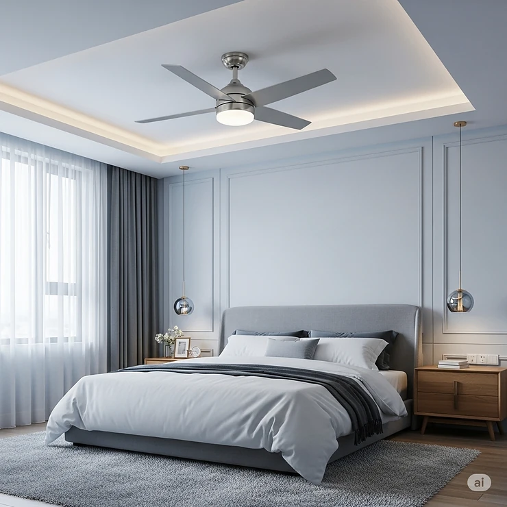 Contemporary bedroom featuring a quiet brushed nickel ceiling fan, providing comfortable air circulation