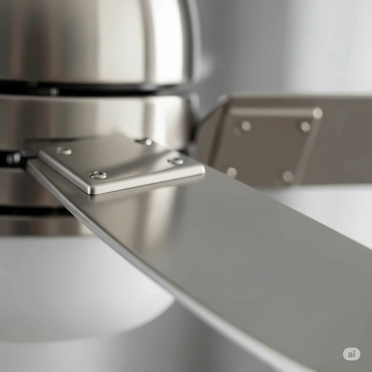 Close-up view of sleek brushed nickel ceiling fan blades, highlighting their smooth finish