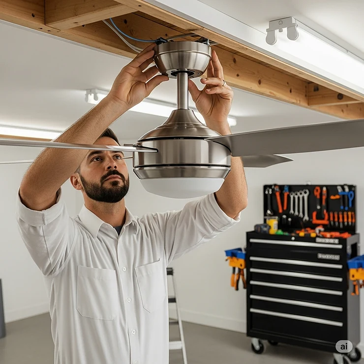Professional installing a new brushed nickel ceiling fan, demonstrating the mounting process