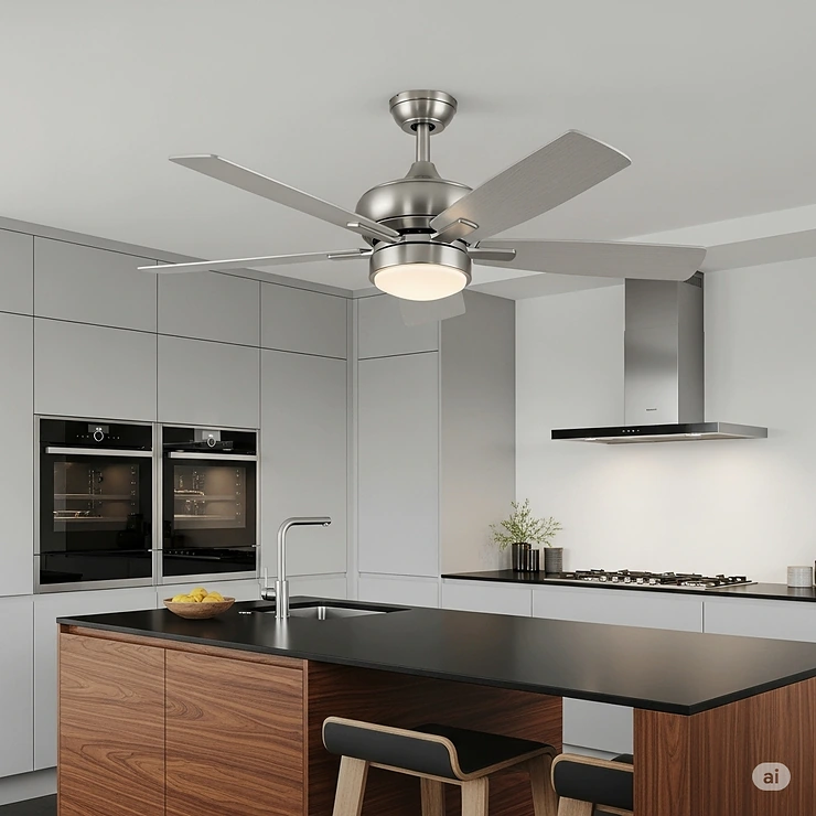 Stylish brushed nickel ceiling fan complementing a modern kitchen island, enhancing both airflow and aesthetics
