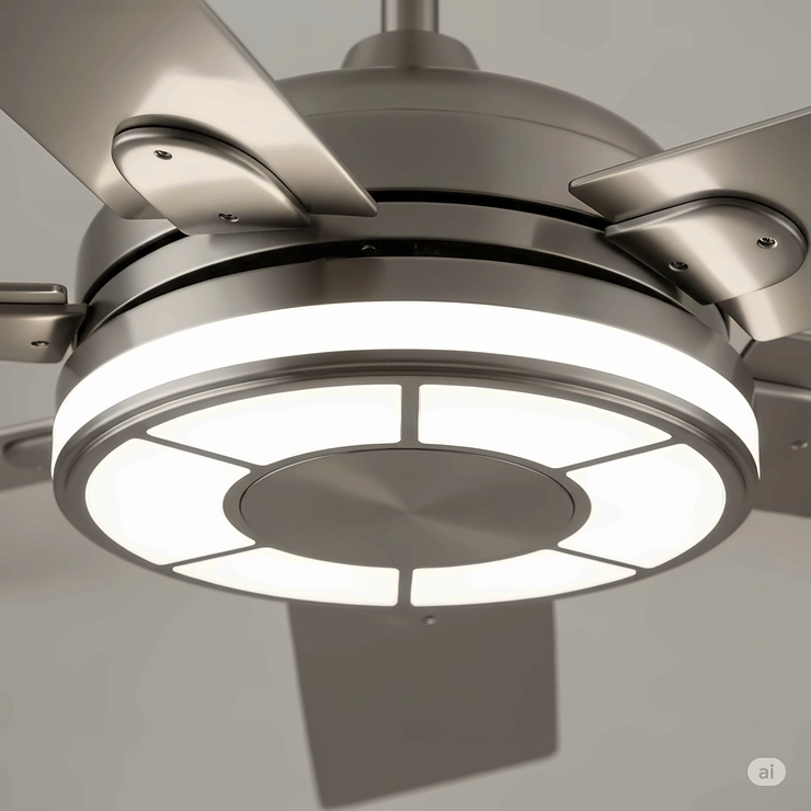 Detail of a brushed nickel ceiling fan's integrated LED light kit, offering bright and energy-efficient illumination