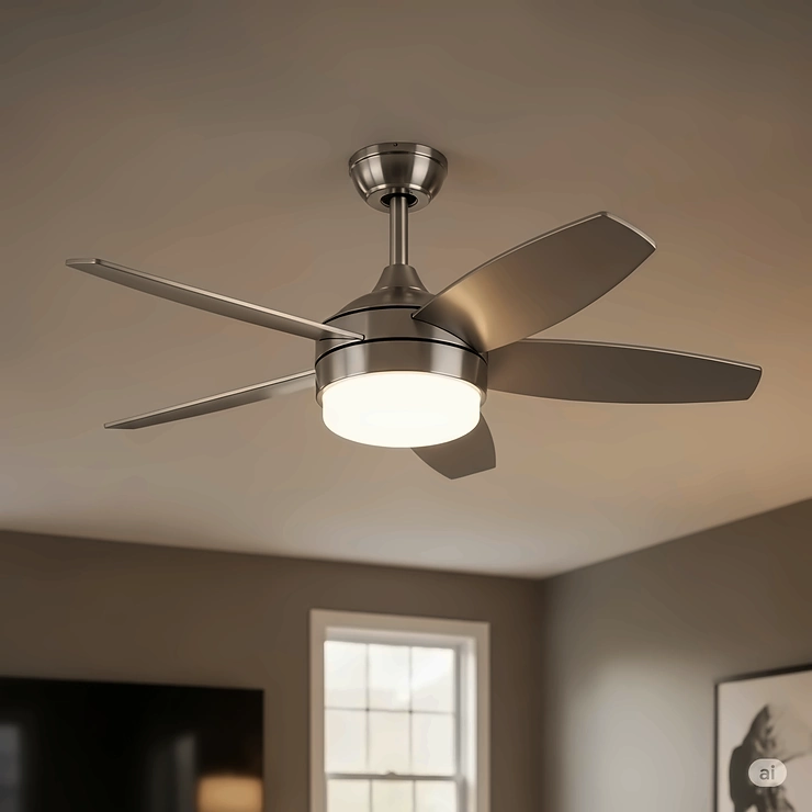 Elegant brushed nickel ceiling fan with integrated light kit, perfect for a modern living room