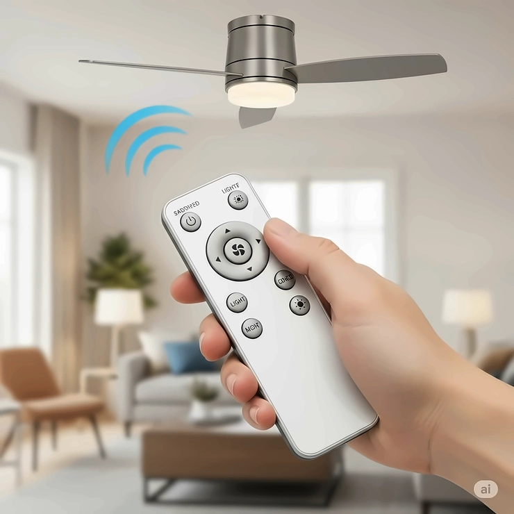 Hand holding a remote control for a brushed nickel ceiling fan, showing adjustable speed and light settings