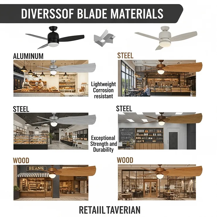 A graphic showing different ceiling fan blade materials—such as aluminum, steel, and wood—and their best use cases for a variety of shop environments.