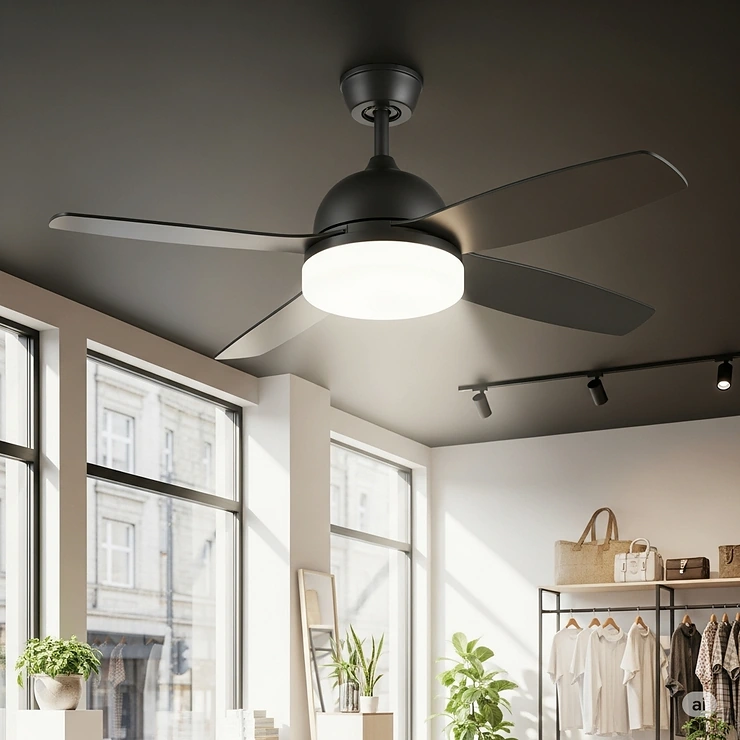 A contemporary ceiling fan with an integrated LED light kit, perfect for a modern shop that requires both effective cooling and bright illumination.