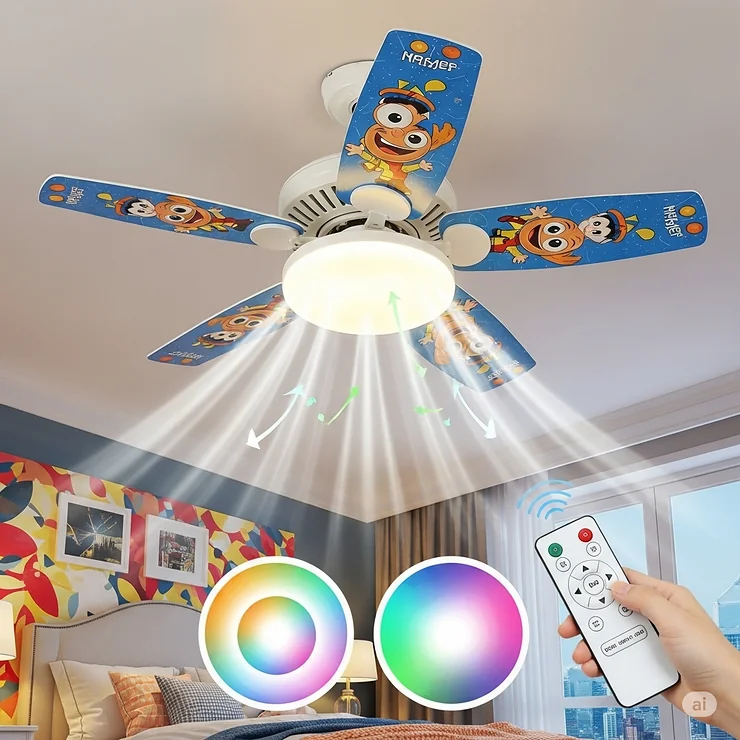 A functional ceiling fan with integrated LED lighting, offering both air circulation and illumination for a child's bedroom.
