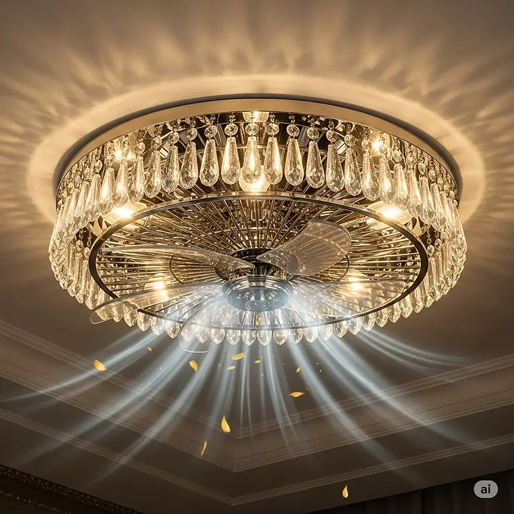 Elegant illustration of a dual-purpose ceiling fan and chandelier, showcasing decorative crystal elements alongside integrated fan blades, an interesting lighting and cooling solution. interesting ceiling fans
