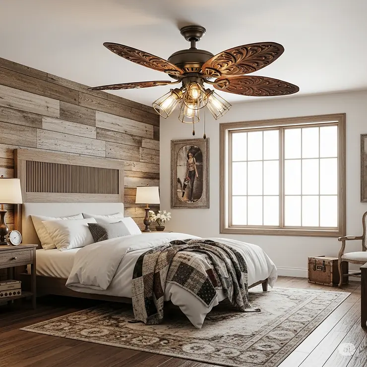 Classic western ceiling fan with soft lighting in a warm living room with exposed wooden beams.