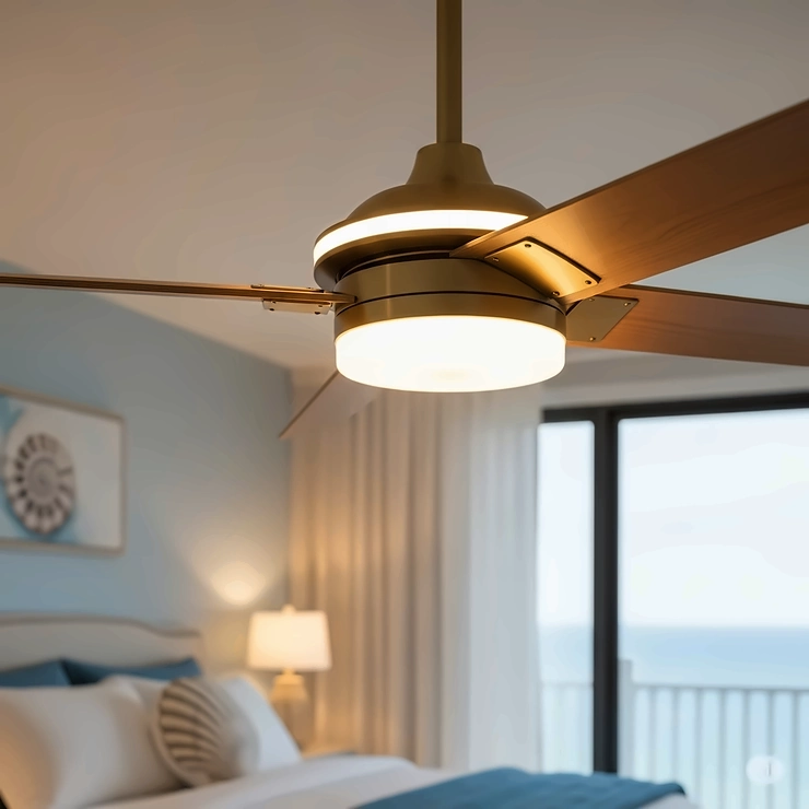 A close-up view of a modern coastal ceiling fan with integrated lighting, casting a soft glow in a serene beachfront bedroom.