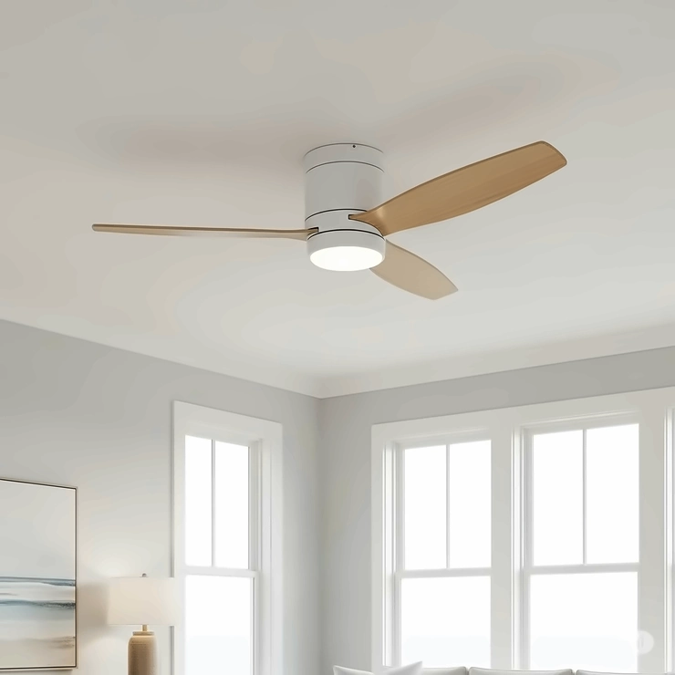A sleek, low-profile coastal ceiling fan designed for rooms with lower ceilings, maintaining a minimalist beach-house feel.